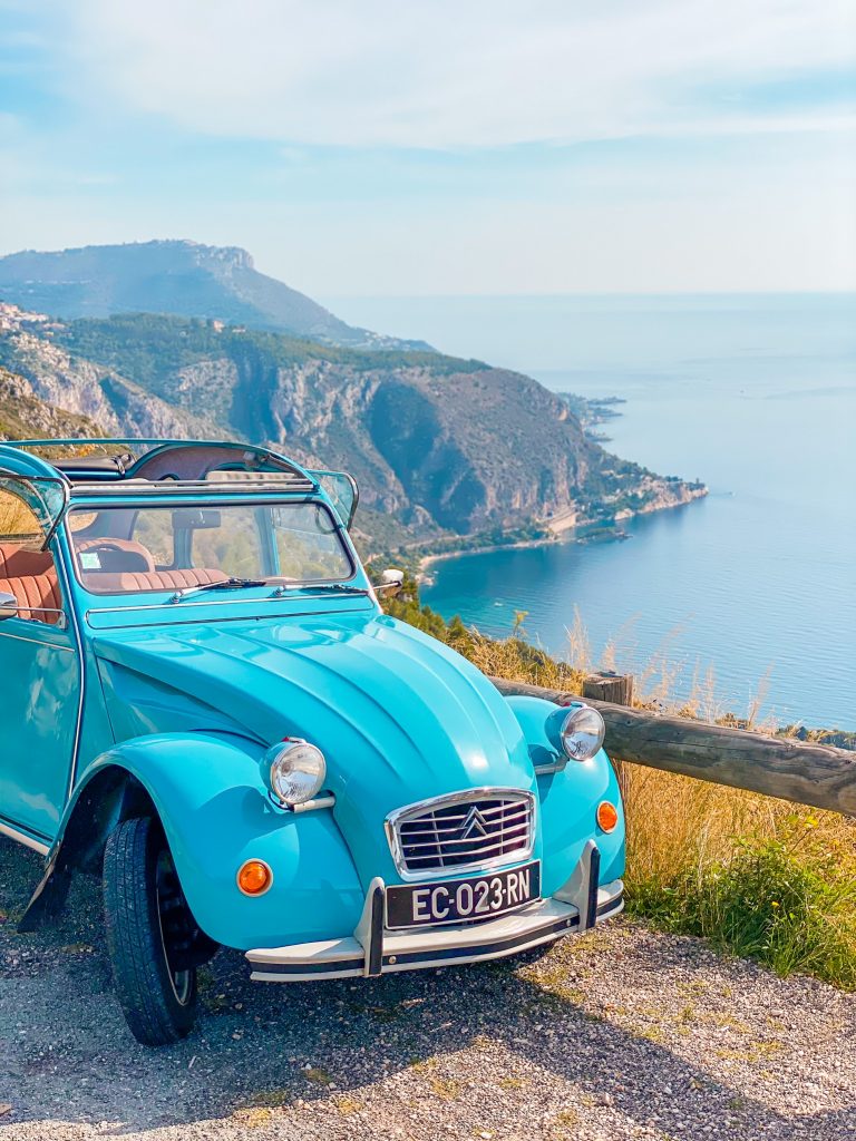 Blue 2CV Citroën Car on French Riviera overlooking Monaco