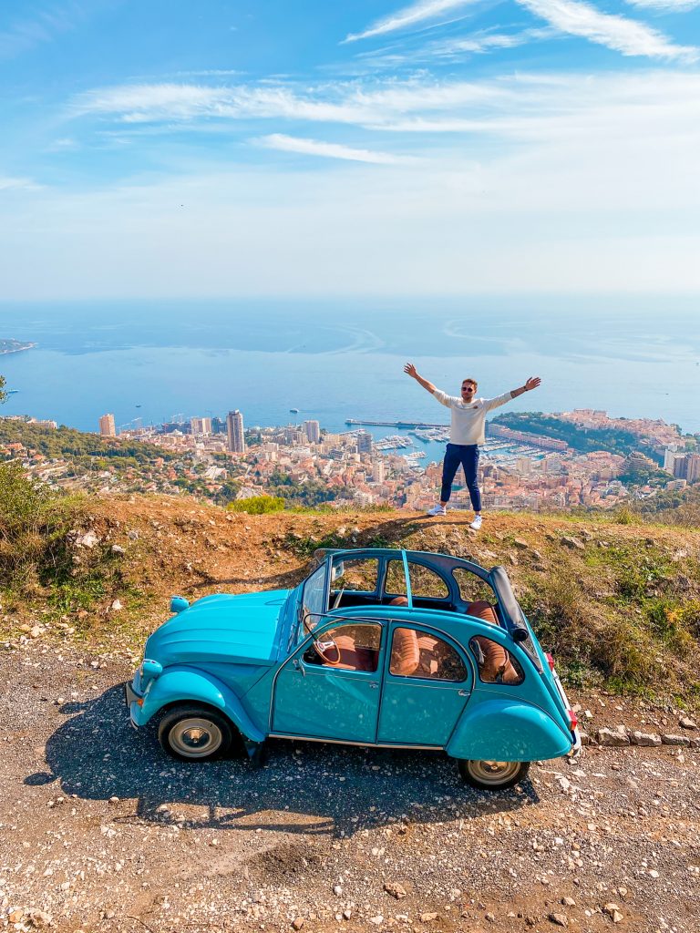 French Riviera overlooking Monte-Carlo and Monaco with an Old 2CV Citroën Car